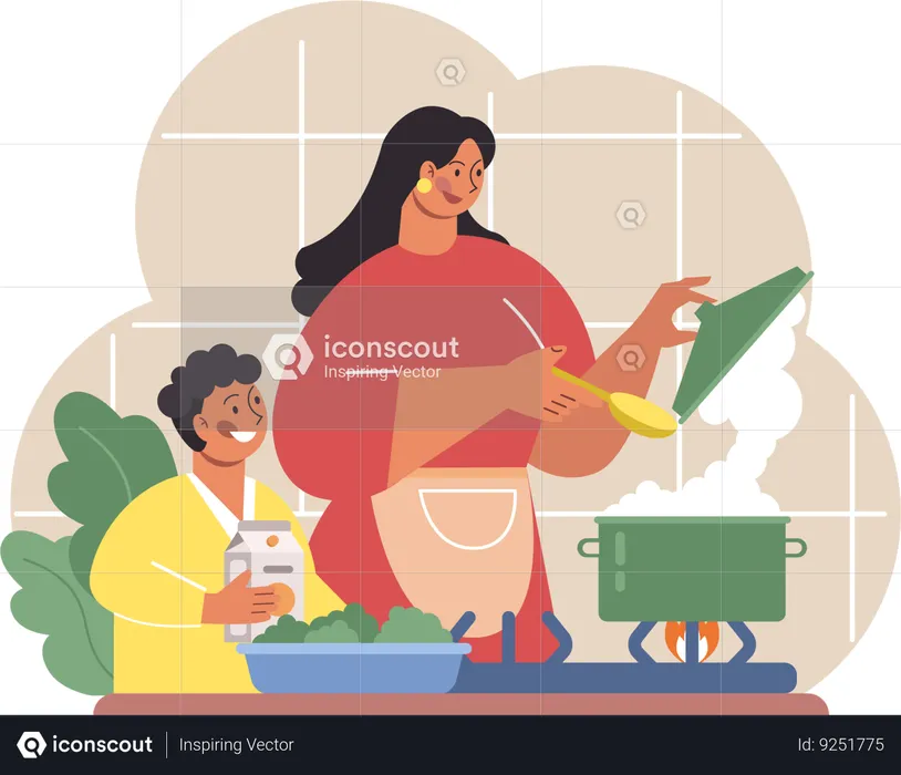 Madre e hijo cocinando comida  Ilustración