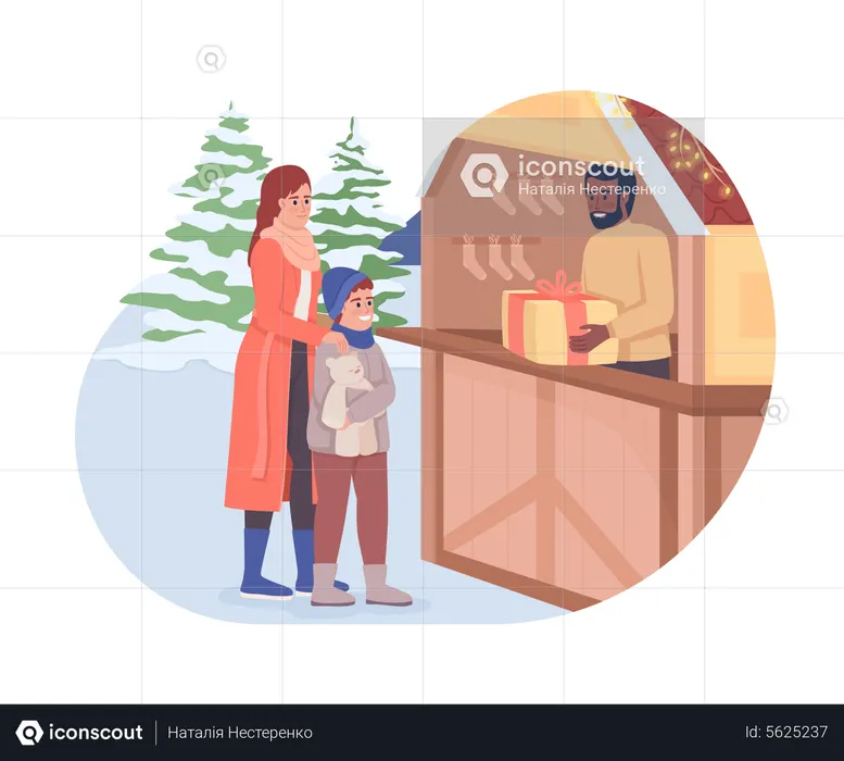 Madre e hijo comprando regalos  Ilustración