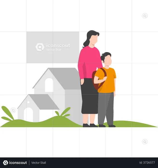 Madre e hijo esperando afuera en casa  Ilustración