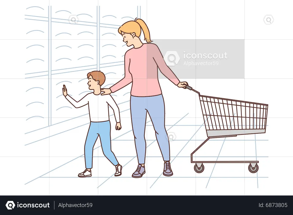 Madre e hijo haciendo compras  Ilustración