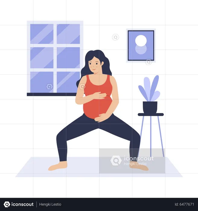 Madre embarazada practica yoga en casa  Ilustración