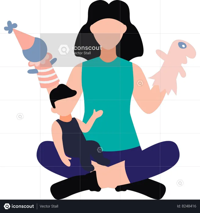 La madre está jugando con su hijo.  Ilustración