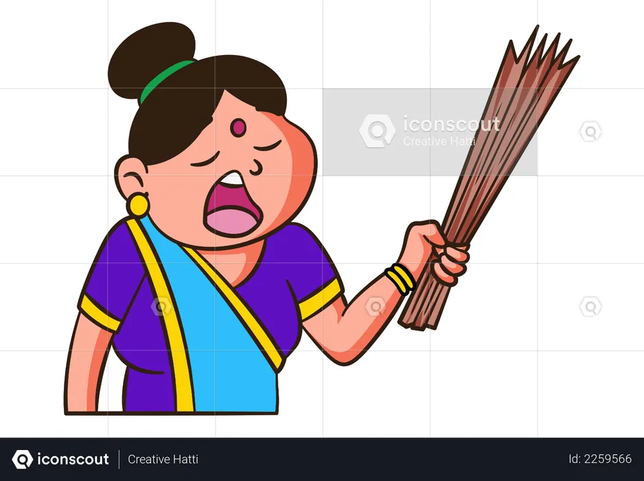 Madre india sosteniendo una escoba en la mano  Ilustración