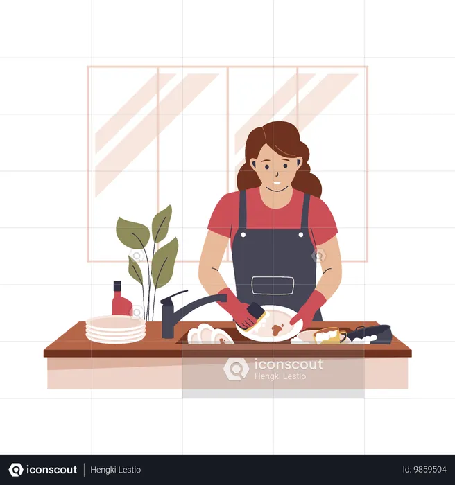 Madre lavando platos sucios en la cocina  Ilustración