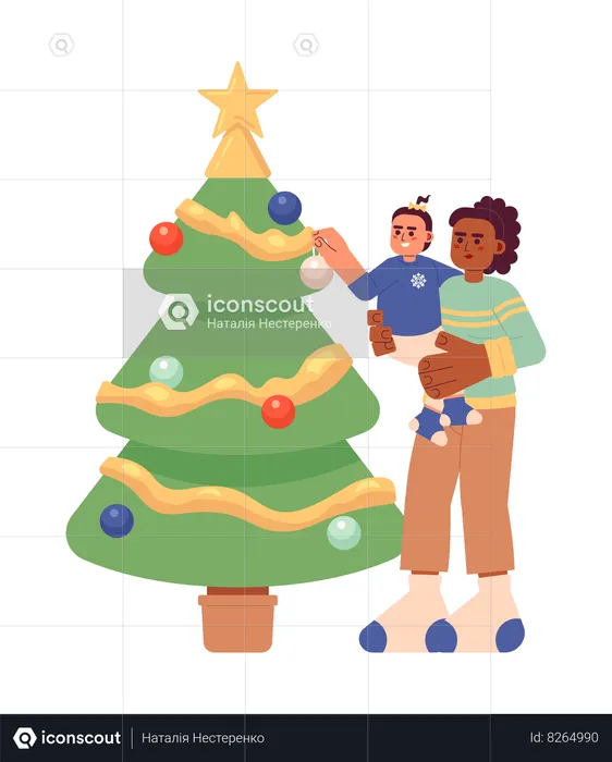 Madre y niña decorando el árbol de Navidad  Ilustración