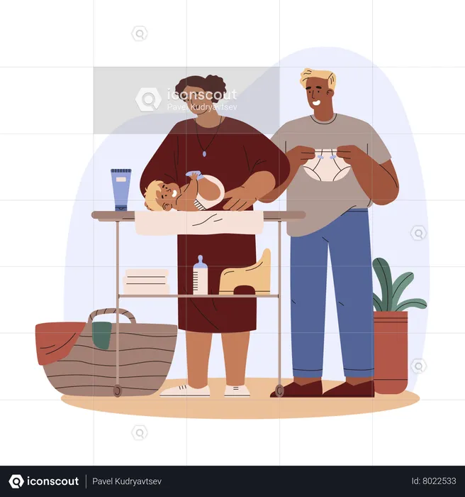 Madre y padre cambiando pañales al bebé.  Ilustración