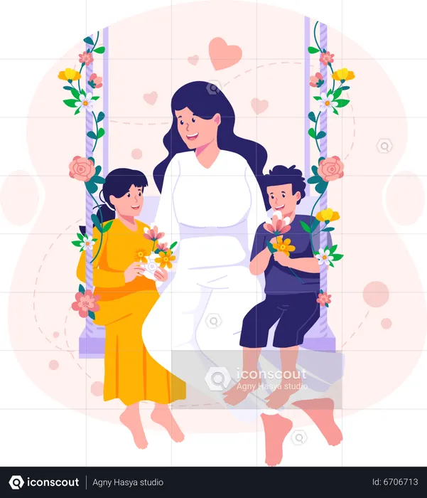 Madre y sus hijos se abrazan sentados en un columpio  Ilustración