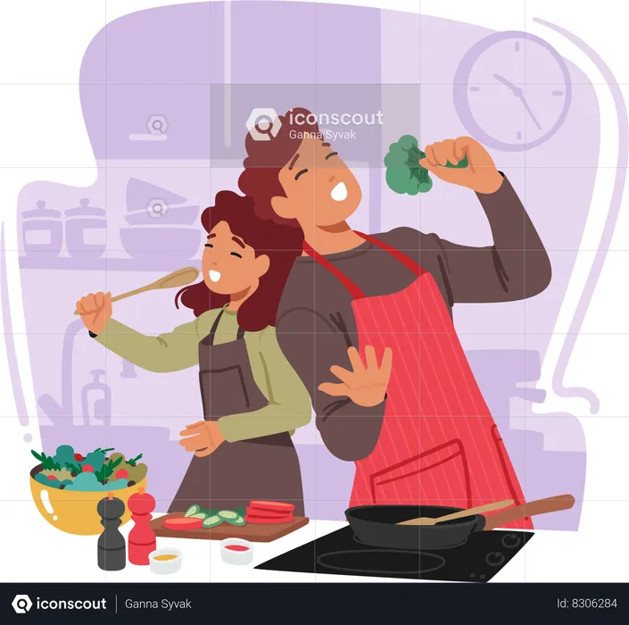 Mãe amorosa e sua filha animada, personagem de família feliz, cozinham alegremente lado a lado  Ilustração