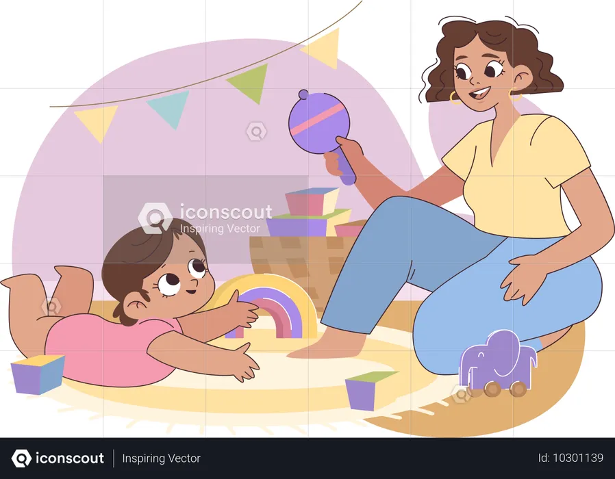 Mãe brincando com filho recém-nascido  Ilustração