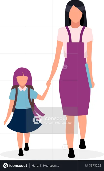 Mãe com filha indo para a escola  Ilustração