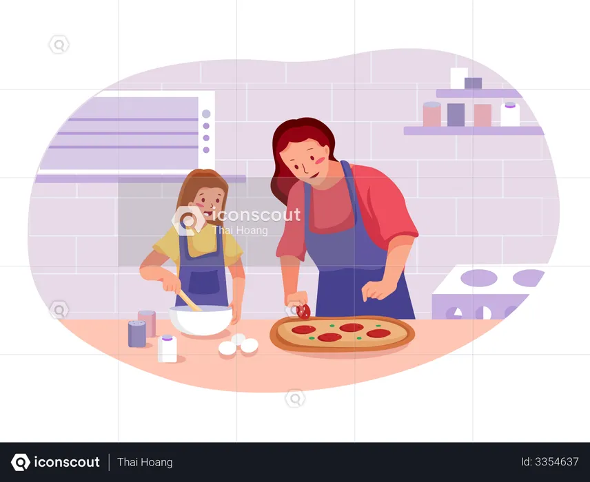 Mãe com filha fazendo pizza  Ilustração