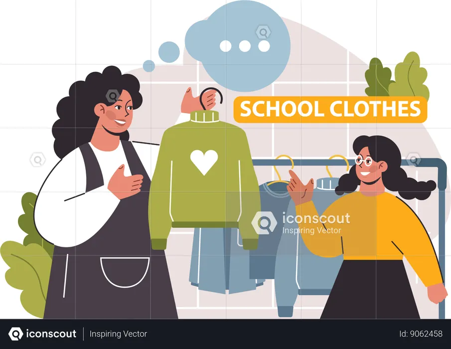 Mãe comprando uniforme escolar para sua filha  Ilustração