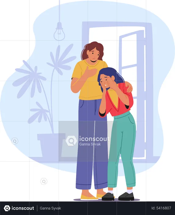 Mãe consolando filha adolescente  Ilustração