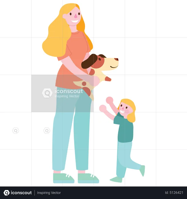 Mãe dando brinquedo de cachorro para filha  Ilustração