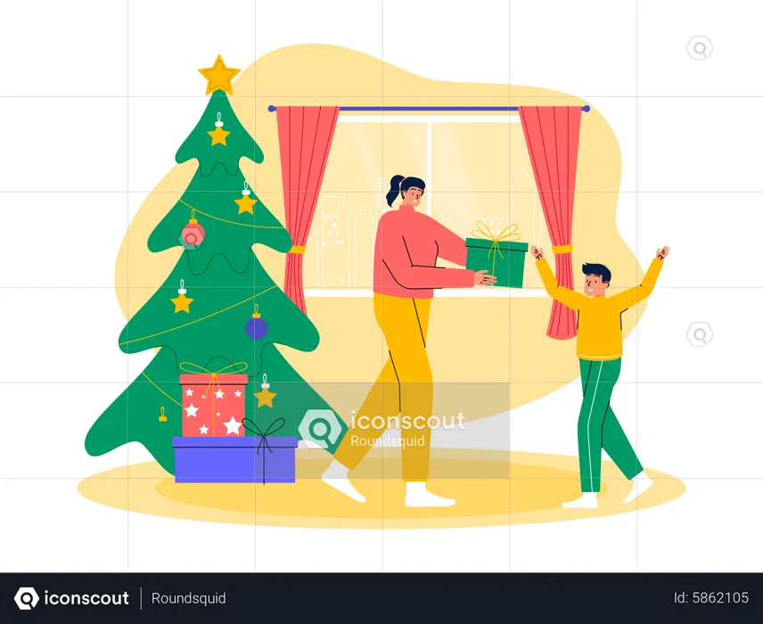 Mãe dando presente de Natal para filho  Ilustração