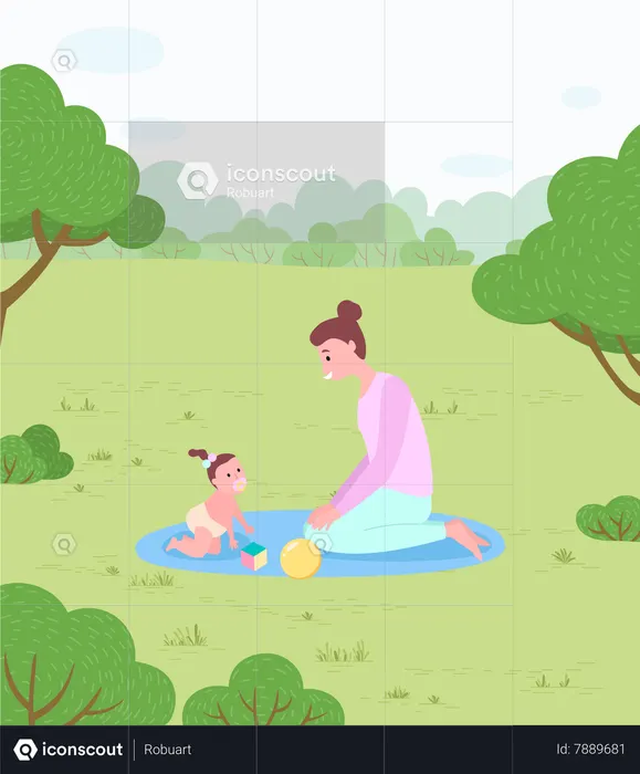 Mãe e bebê no tapete com brinquedos no parque  Ilustração