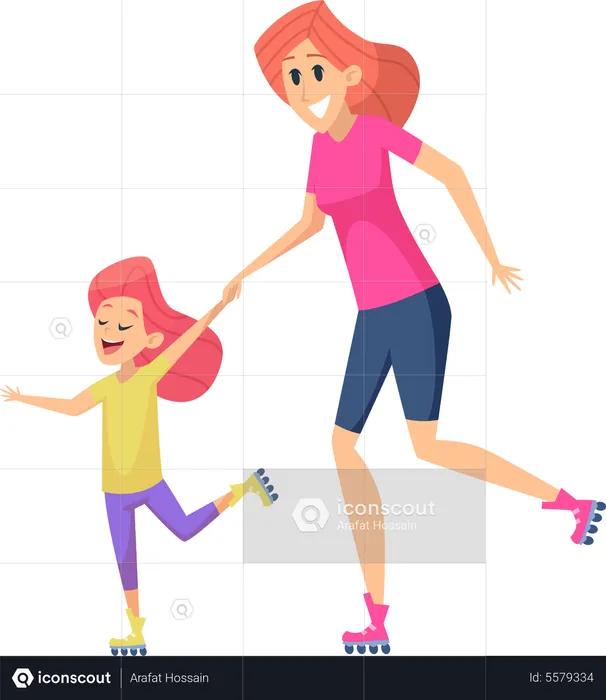 Mãe e filha andando de patins  Ilustração