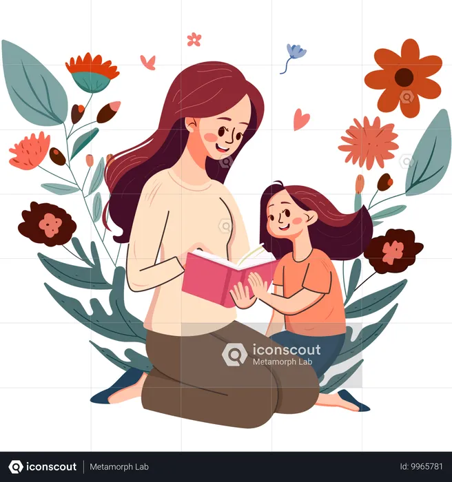 Mãe e filha aprendendo juntas  Ilustração