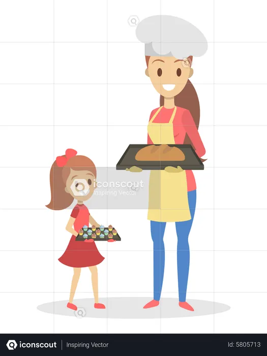 Mãe e filha cozinhando em casa Padaria caseira  Ilustração