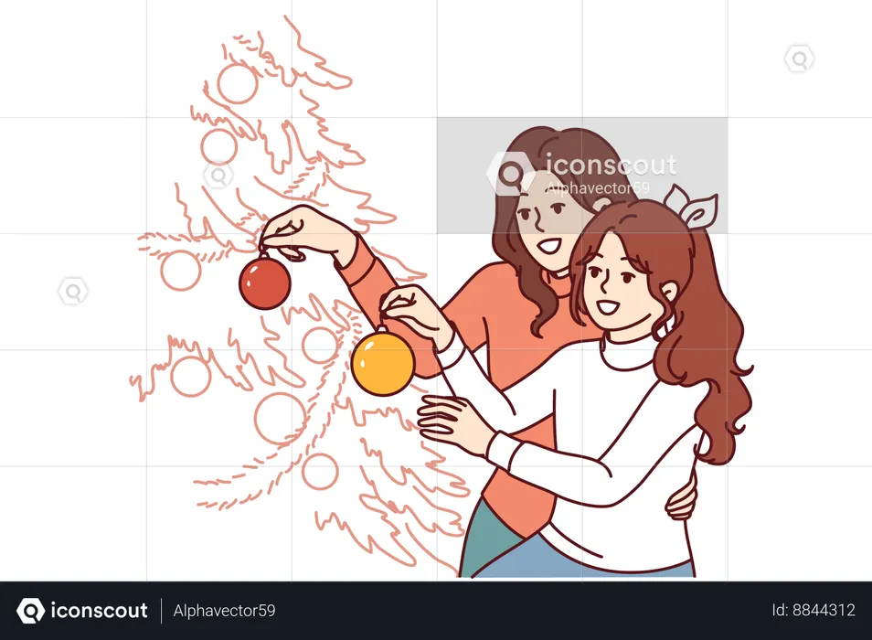Mãe e filha decoram árvore de natal  Ilustração