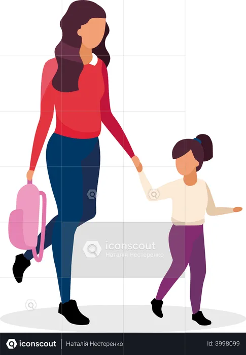 Mãe e filha indo para a escola  Ilustração