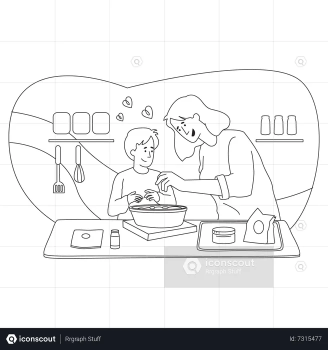 Mãe e filho cozinhando juntos  Ilustração