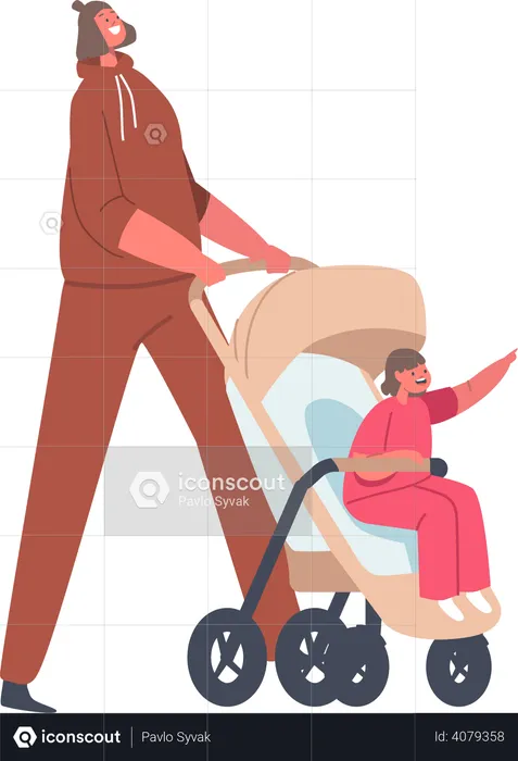 Mamãe e criança no carrinho  Ilustração