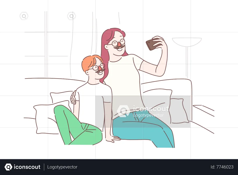 Mãe e filho tirando selfie no celular  Ilustração