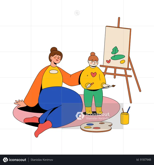 Mãe e filha estão pintando um quadro  Ilustração