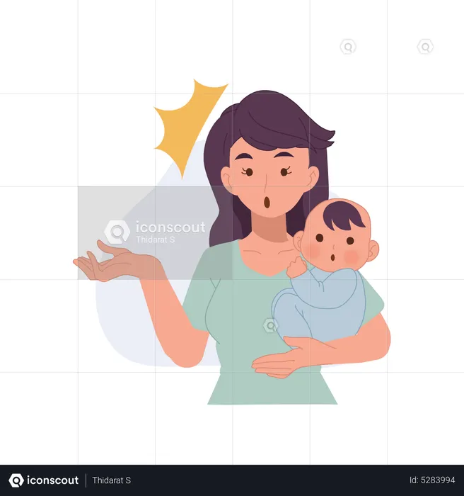 A mãe está carregando o bebê no braço, percebe algo  Ilustração