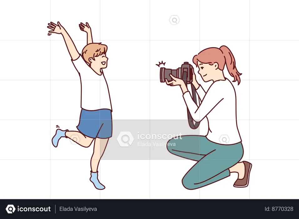 Mãe está clicando em fotos de criança feliz  Ilustração