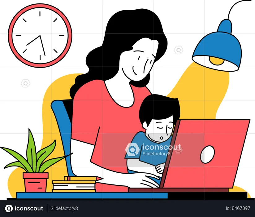 A mãe está trabalhando enquanto cuida da criança  Ilustração