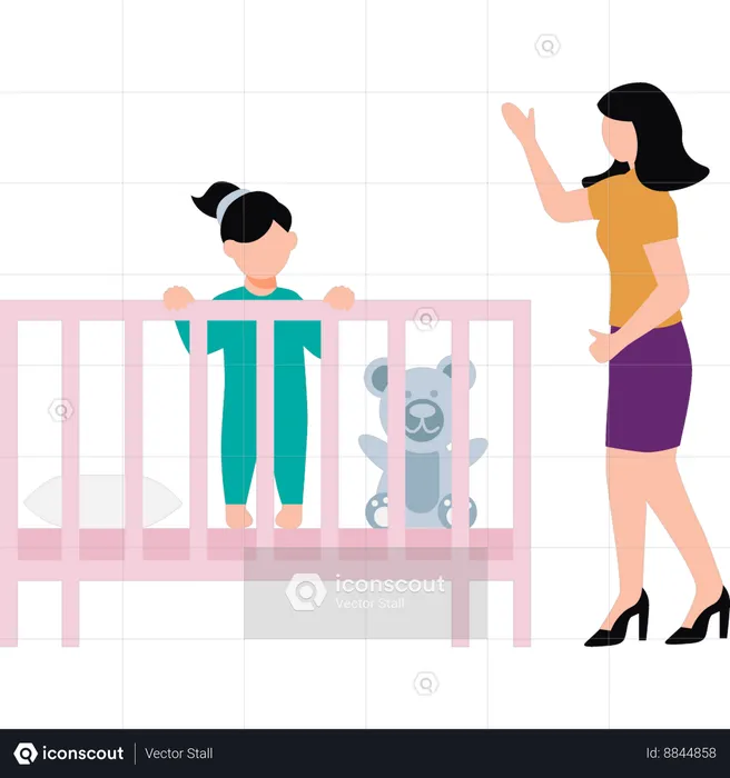 Mãe fica ao lado da cama do bebê  Ilustração