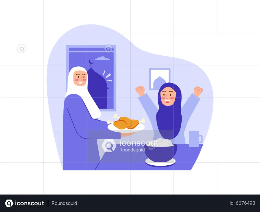 Mãe muçulmana servindo frango para filha  Ilustração