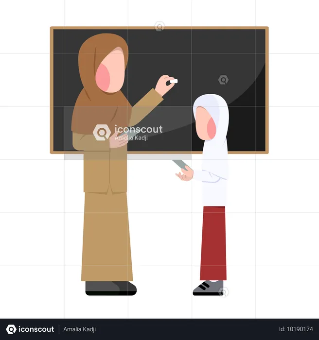 La maestra del hijab le explica la cantidad a un niño  Ilustración