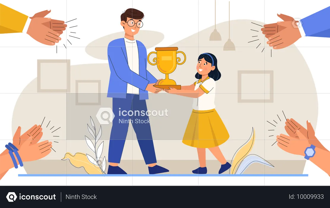 Profesor masculino dando trofeo a niña  Ilustración