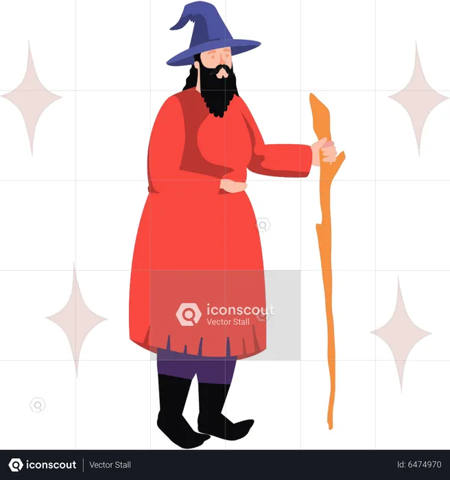 Magic man standing with wand  Illustration