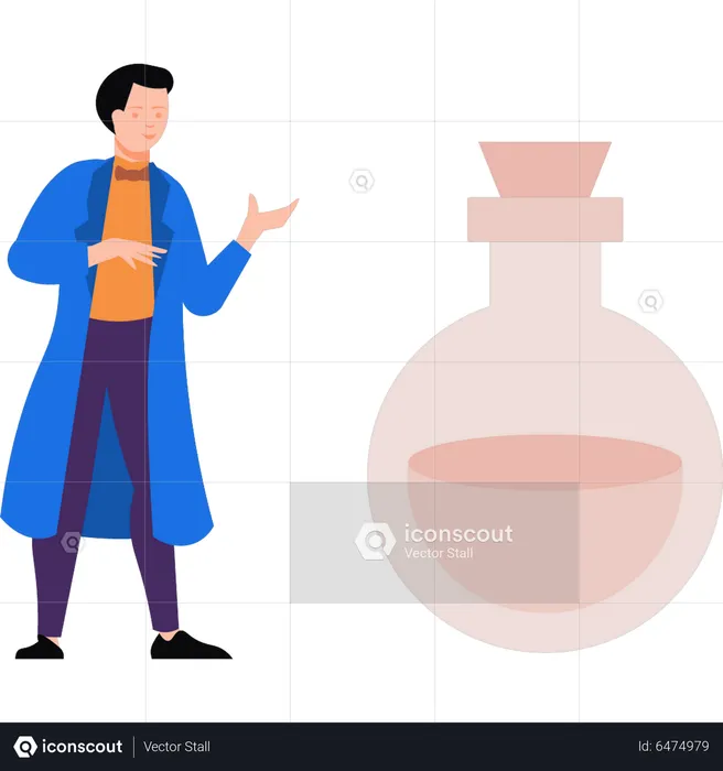 Magician looks at magic bottle  Illustration