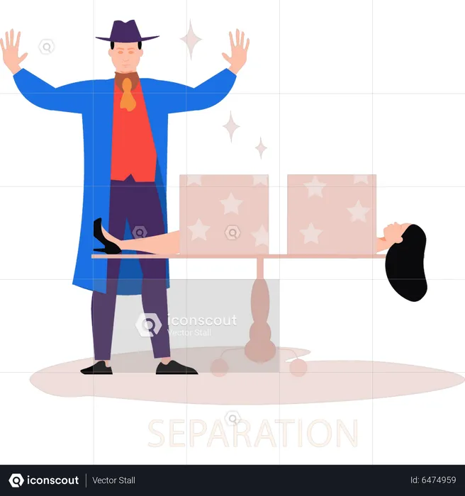 Magician performing box cutting trick  Illustration