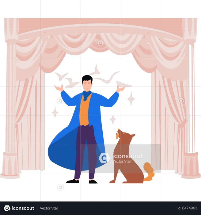 Magician performing magic tricks with pet  Illustration