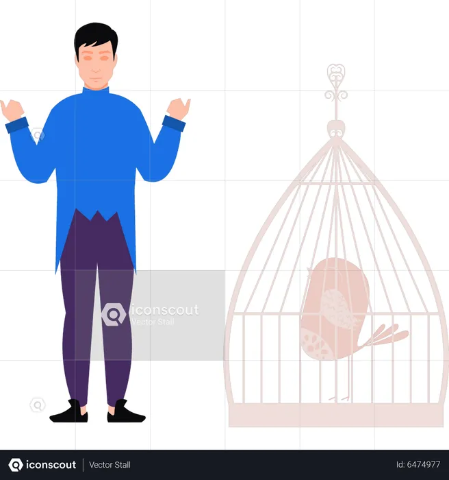 Magician performing tricks with bird in cage  Illustration