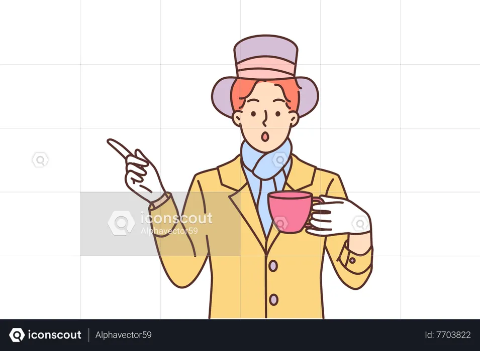 Magicien tenant une tasse et pointant quelque chose vers la gauche  Illustration