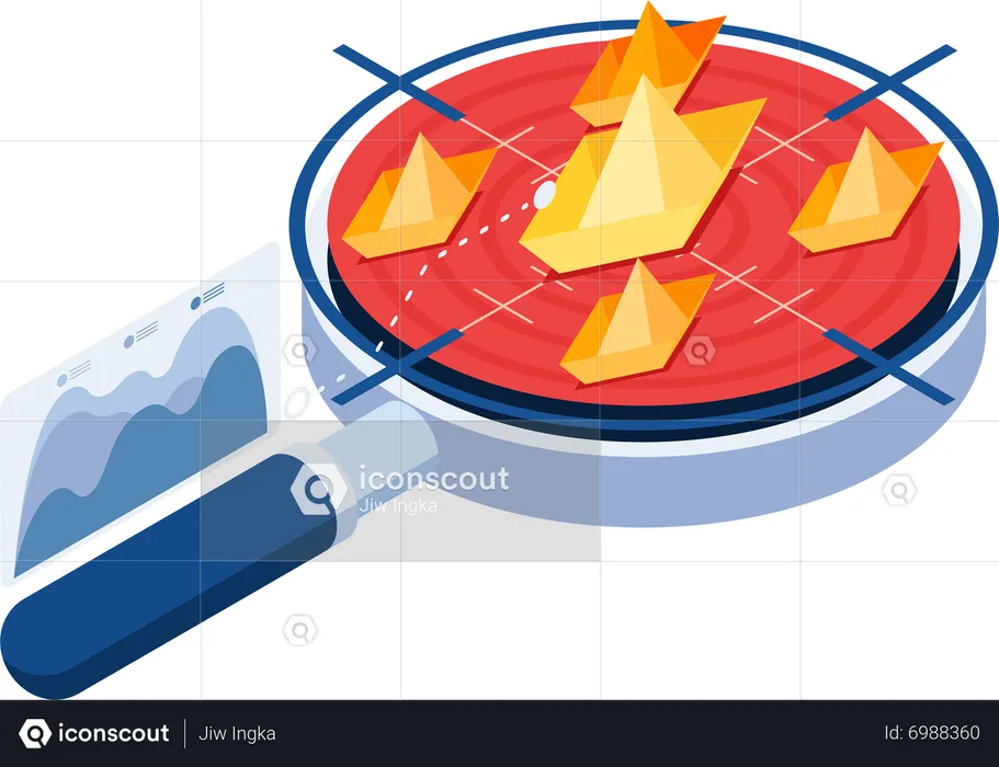Magnifying Glass Analyze Boat or Competition in Red Ocean  Illustration