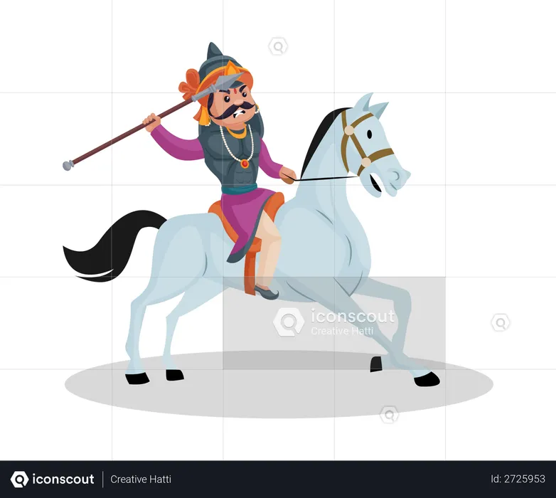 Maharana Pratap lanzando jabalina mientras monta a caballo  Ilustración