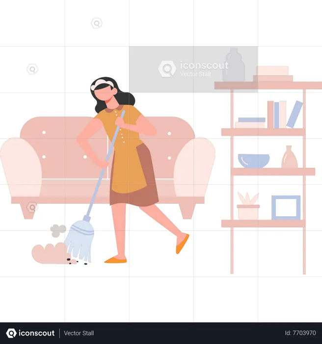 Maid cleaning floor with mop  Illustration