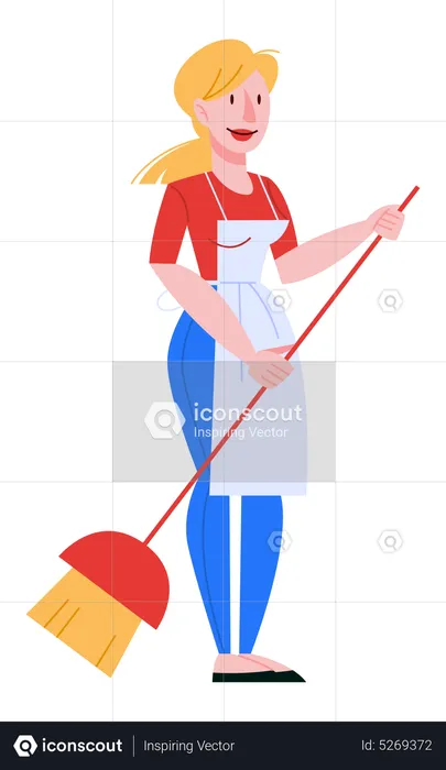 Maid cleaning the floor with a broom  Illustration