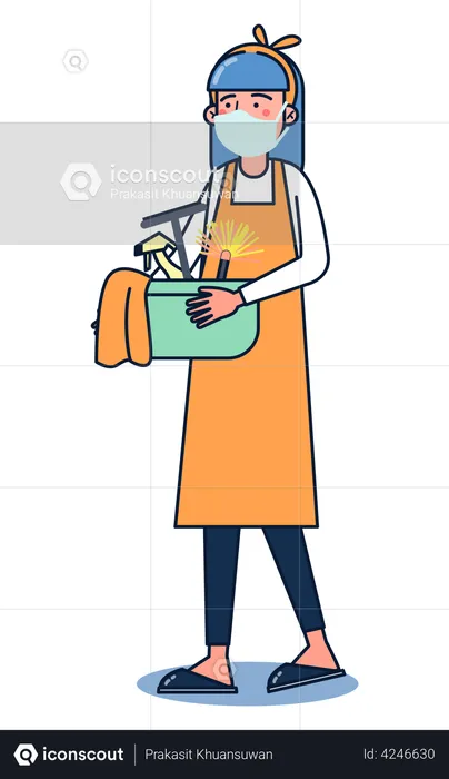 Maid holding basket of cleaning tools  Illustration