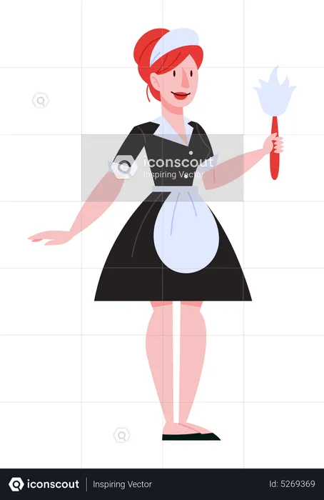 Maid in uniform with cleaning brush  Illustration