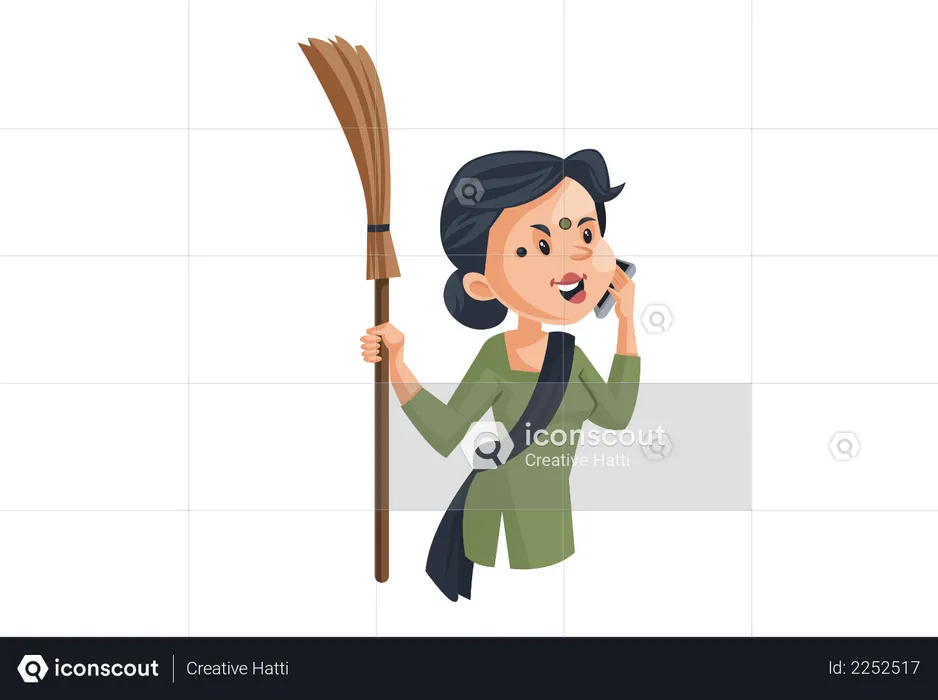Maid is standing with a broom and talking on the phone  Illustration