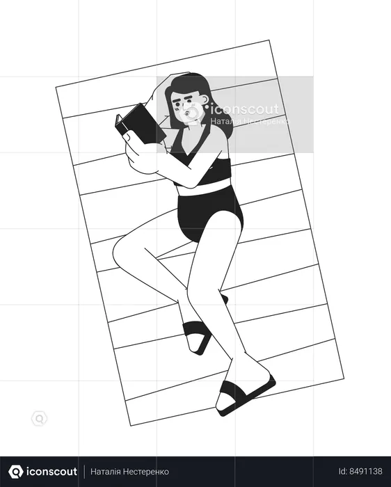 Femme de maillot de bain allongée avec un livre sur la plage  Illustration